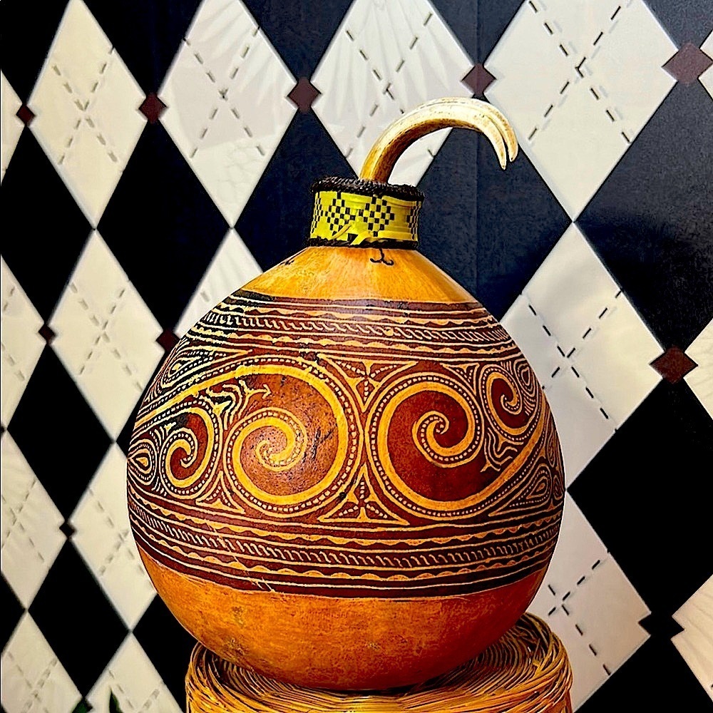 Trobriand Tribal Gourd Lime Container w/ Tusk – Burnt-In Curvilinear Design Rare